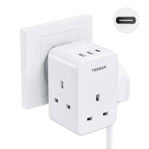 TESSAN TS-227-PD UK Wall Adaptor with 3 AC Outlets, 2 USB-A and 1 USB-C