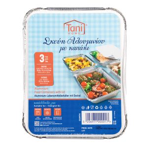 Tani Rectangular Aluminium Food Trays with Lids 22.9 x 17.6 x 4.2cm Pack of 3