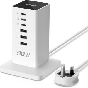 TESSAN TS-CS04-UK UK 30W Extension Tower Charger with 2M Cable, 3 USB-A and 3 USB-C