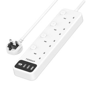 TESSAN TS-B204 UK Extension Adaptor with 2M Cable, 4 AC Outlets, 3 USB-A